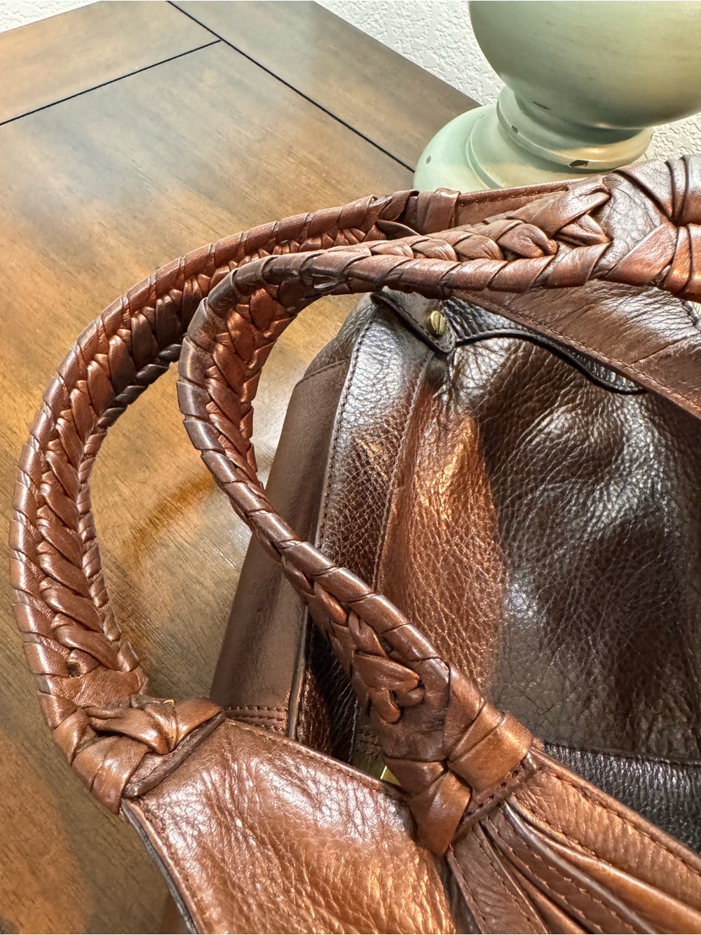Elliott Lucca Warm Cognac Leather Braided-Handle Tote - Picture 10 of 10